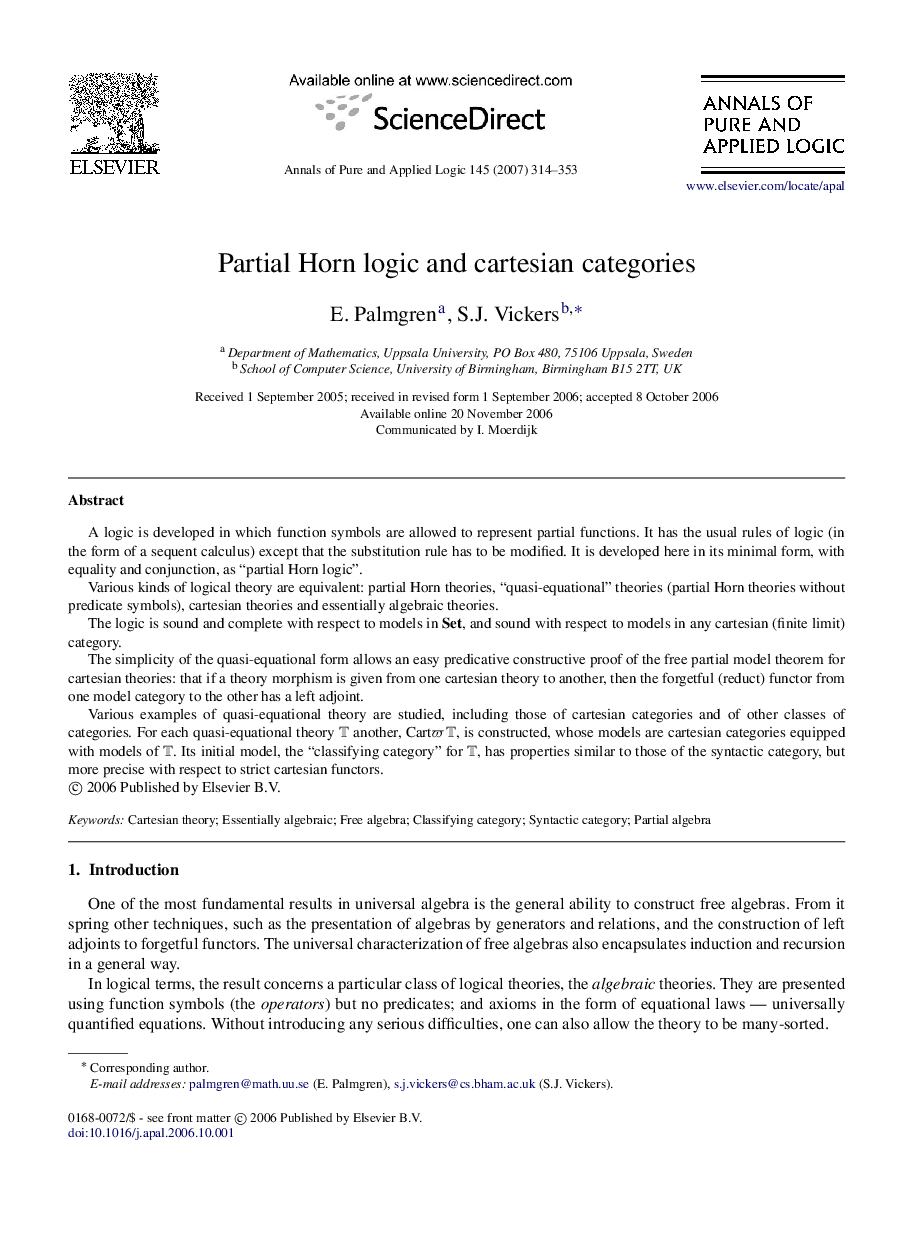 عکس صفحه اول مقاله: Partial Horn logic and cartesian categories Partial Horn logic and cartesian categories