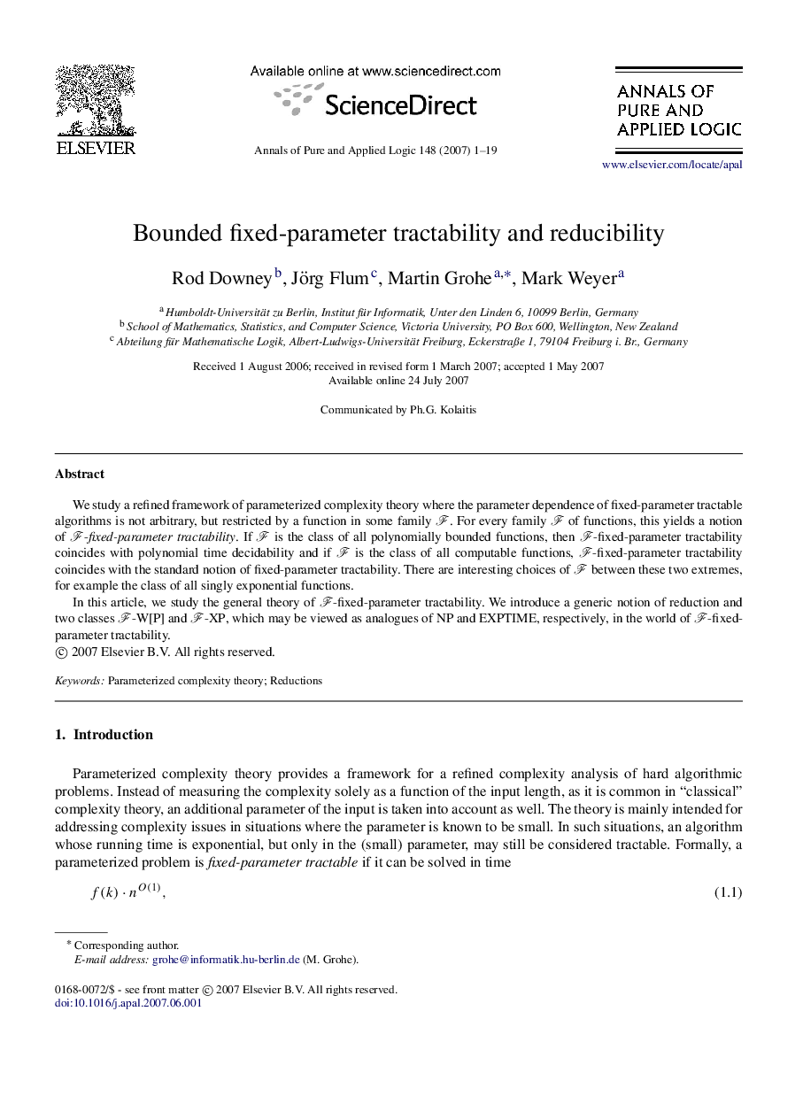 عکس صفحه اول مقاله: Bounded fixed-parameter tractability and reducibility Bounded fixed-parameter tractability and reducibility
