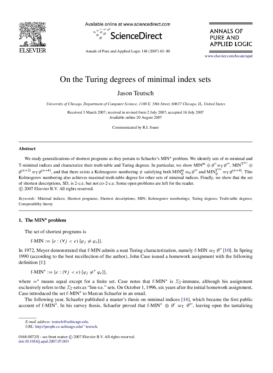 عکس صفحه اول مقاله: On the Turing degrees of minimal index sets On the Turing degrees of minimal index sets