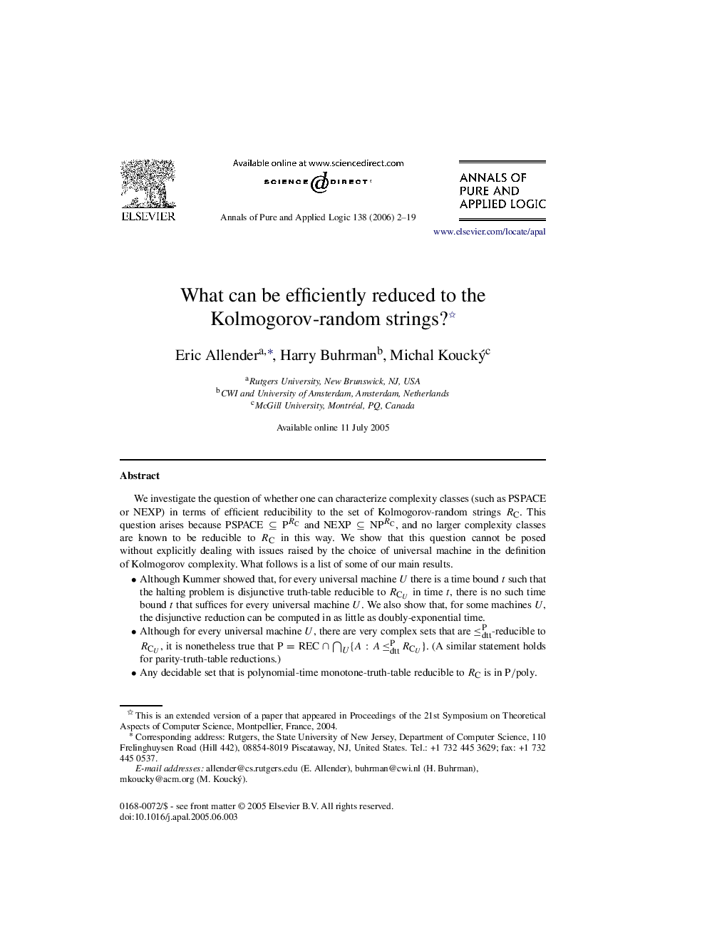 What can be efficiently reduced to the Kolmogorov-random strings? 