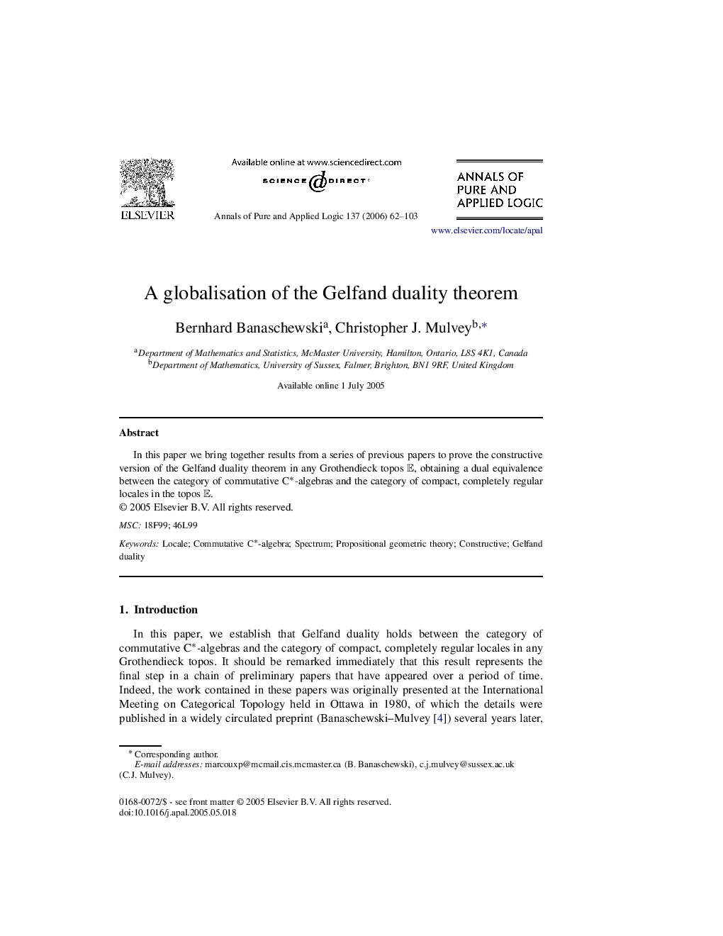 A globalisation of the Gelfand duality theorem
