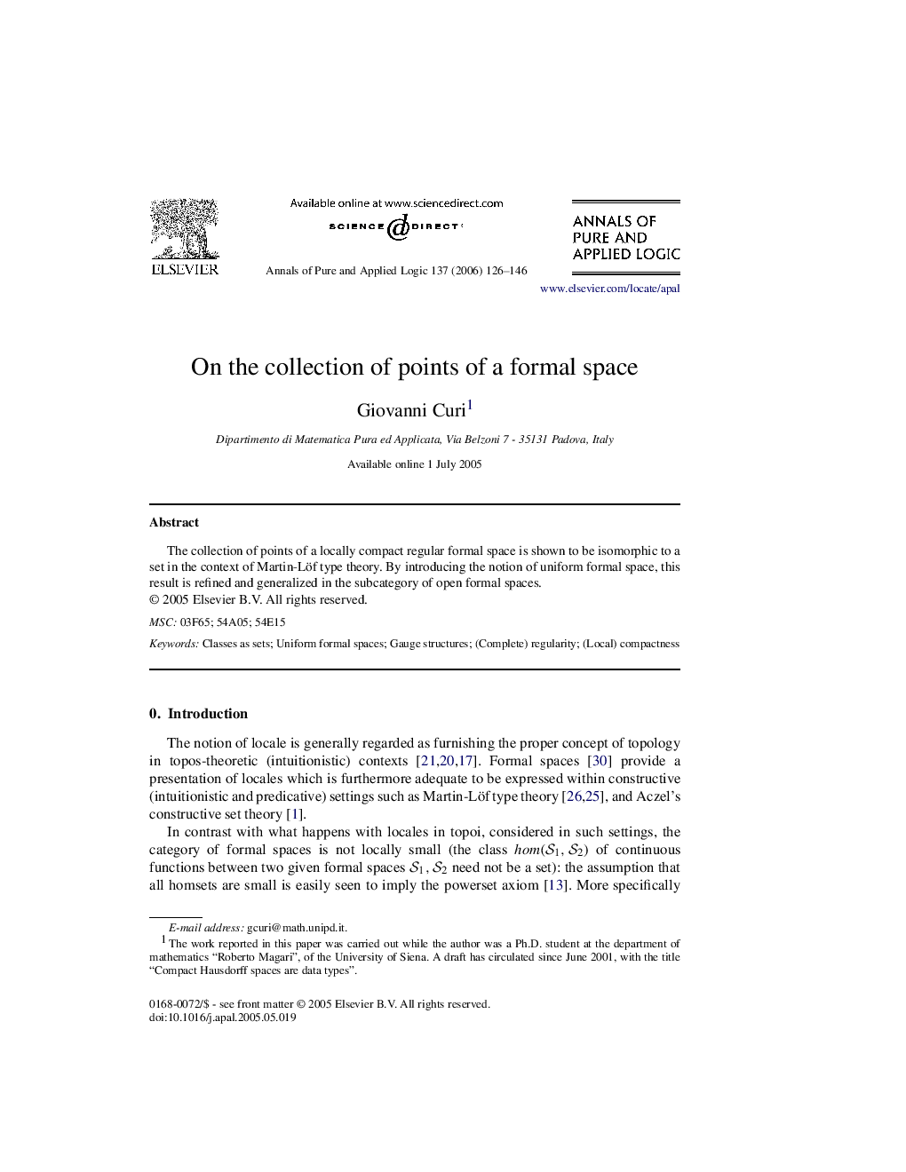 عکس صفحه اول مقاله: On the collection of points of a formal space On the collection of points of a formal space