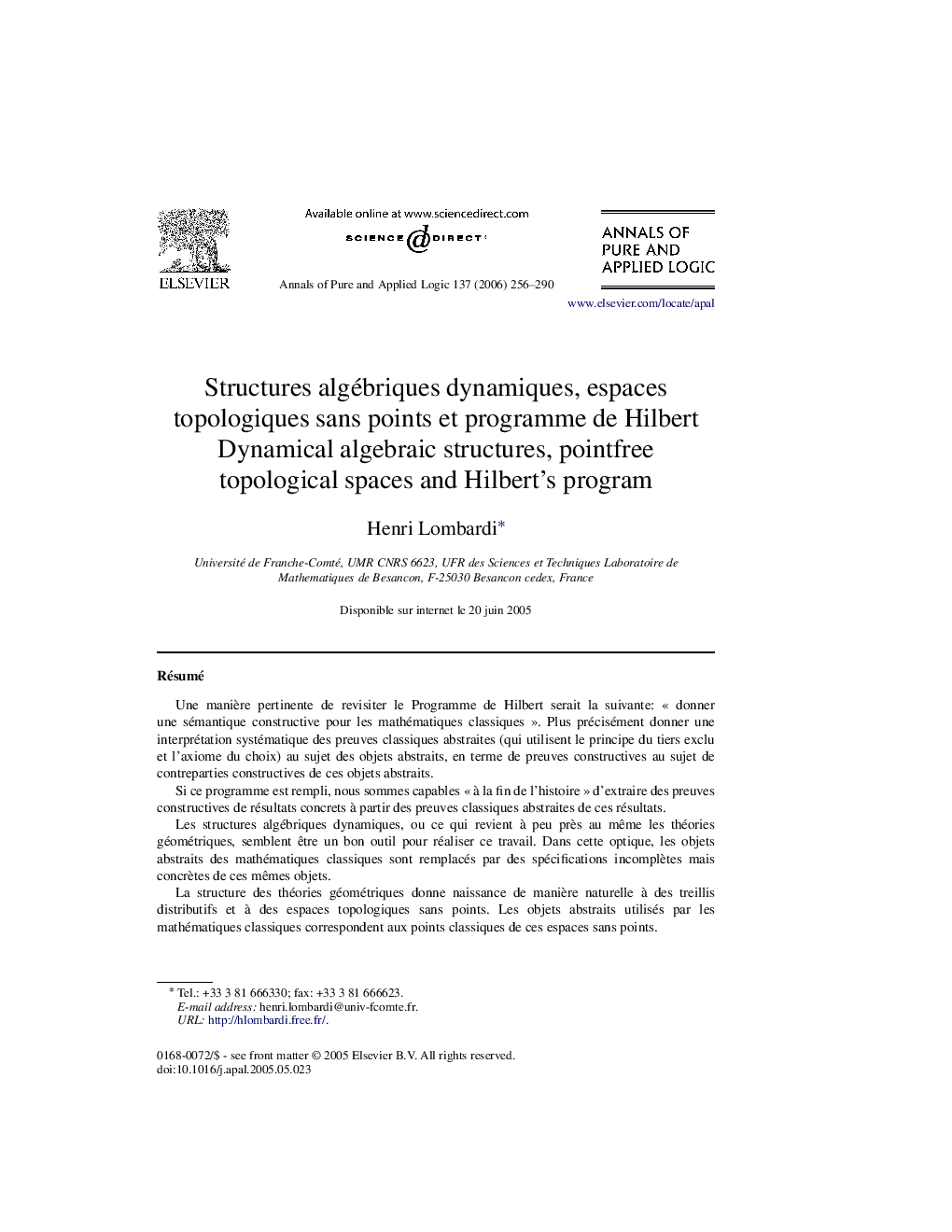 Structures algébriques dynamiques, espaces topologiques sans points et programme de Hilbert