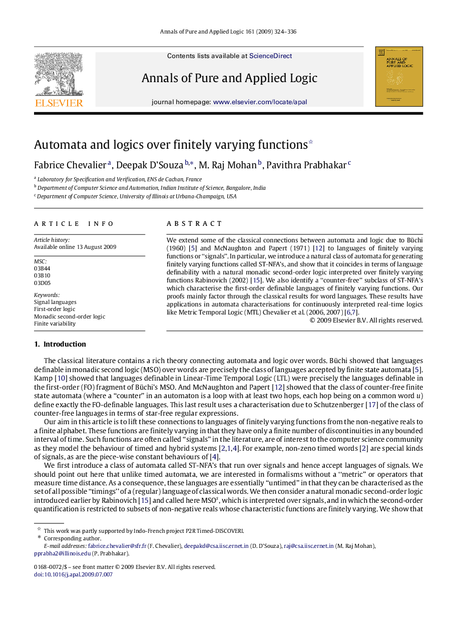 عکس صفحه اول مقاله: Automata and logics over finitely varying functions Automata and logics over finitely varying functions