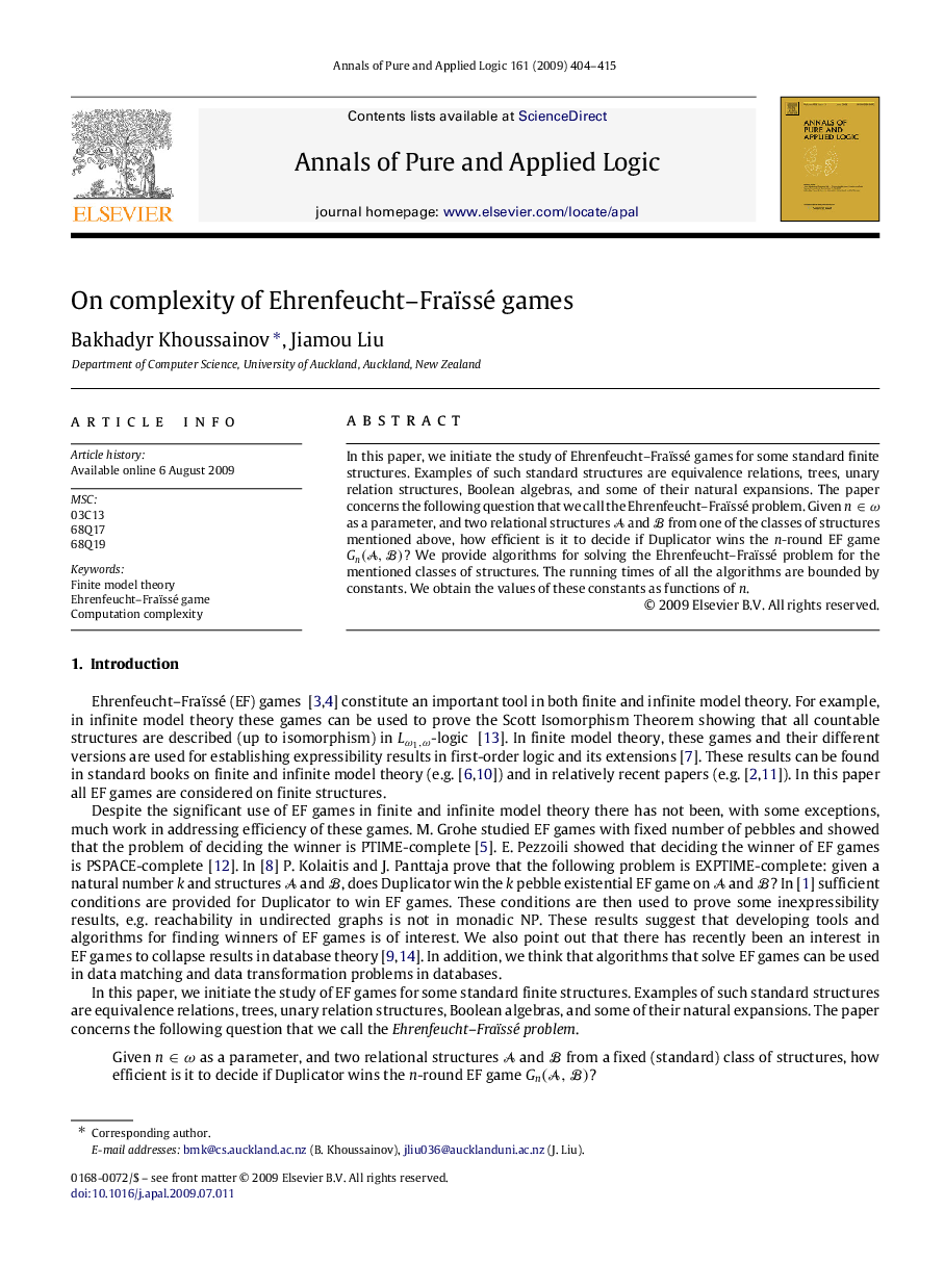 On complexity of Ehrenfeucht–Fraïssé games