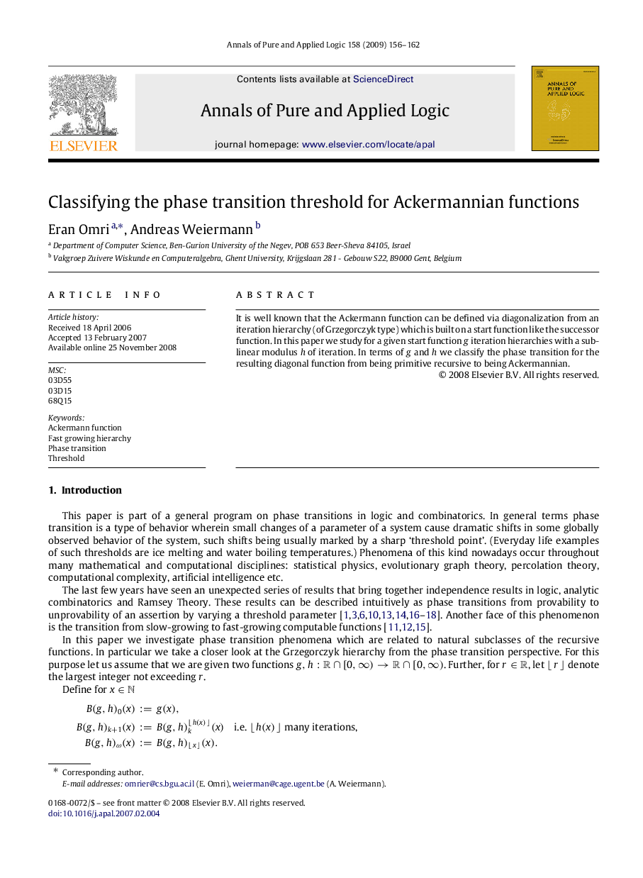 عکس صفحه اول مقاله: Classifying the phase transition threshold for Ackermannian functions Classifying the phase transition threshold for Ackermannian functions