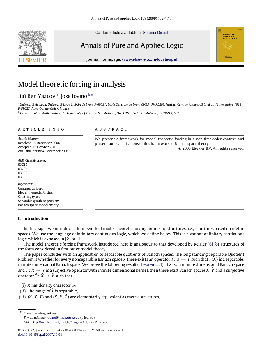 عکس صفحه اول مقاله: Model theoretic forcing in analysis Model theoretic forcing in analysis