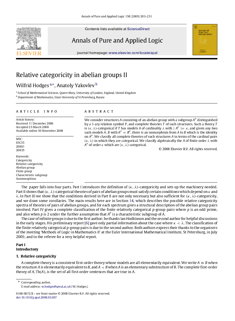 عکس صفحه اول مقاله: Relative categoricity in abelian groups II Relative categoricity in abelian groups II