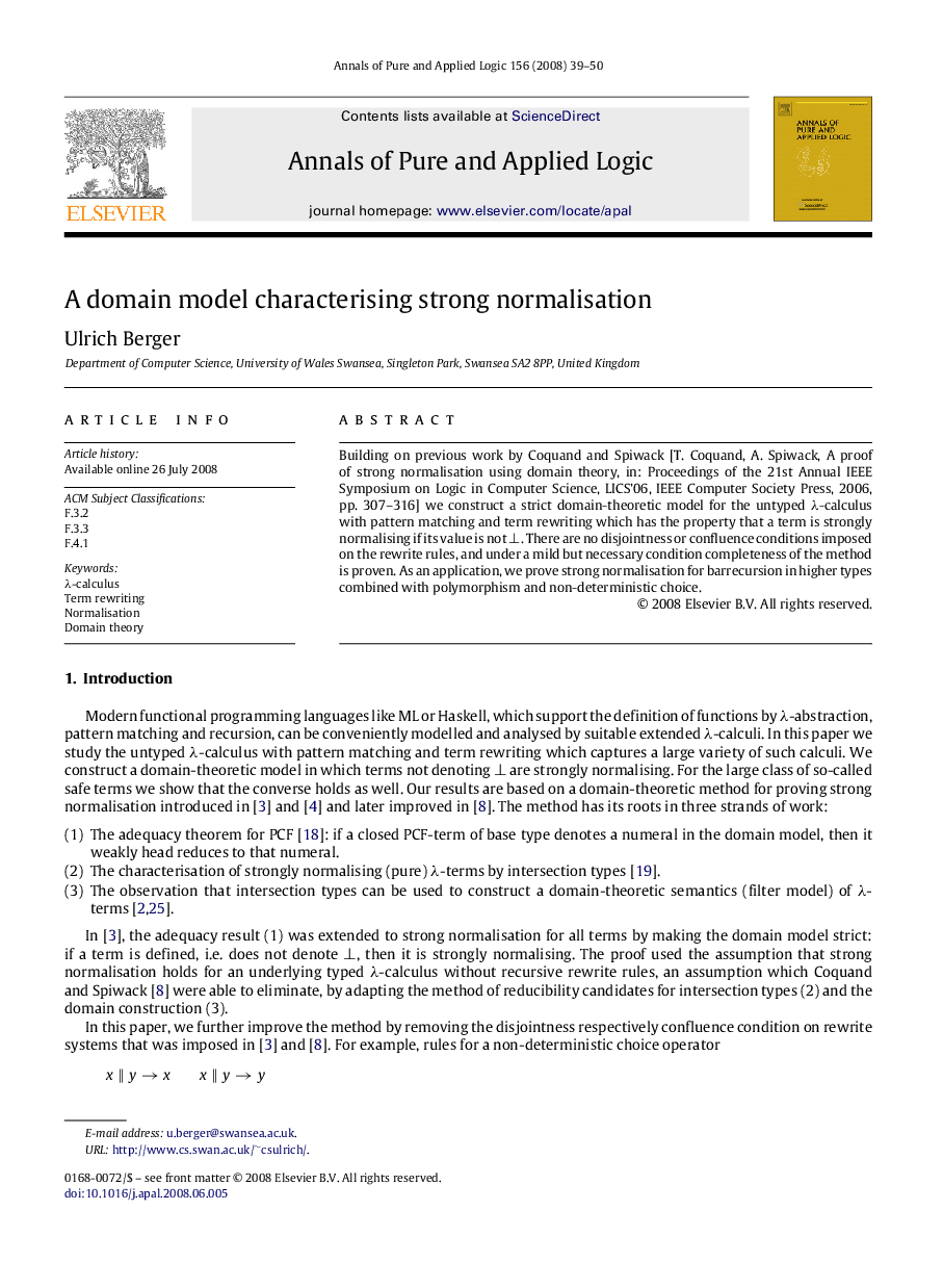 A domain model characterising strong normalisation