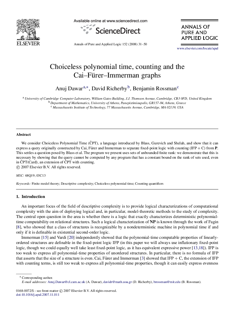 عکس صفحه اول مقاله: Choiceless polynomial time, counting and the Cai–Fürer–Immerman graphs Choiceless polynomial time, counting and the Cai–Fürer–Immerman graphs