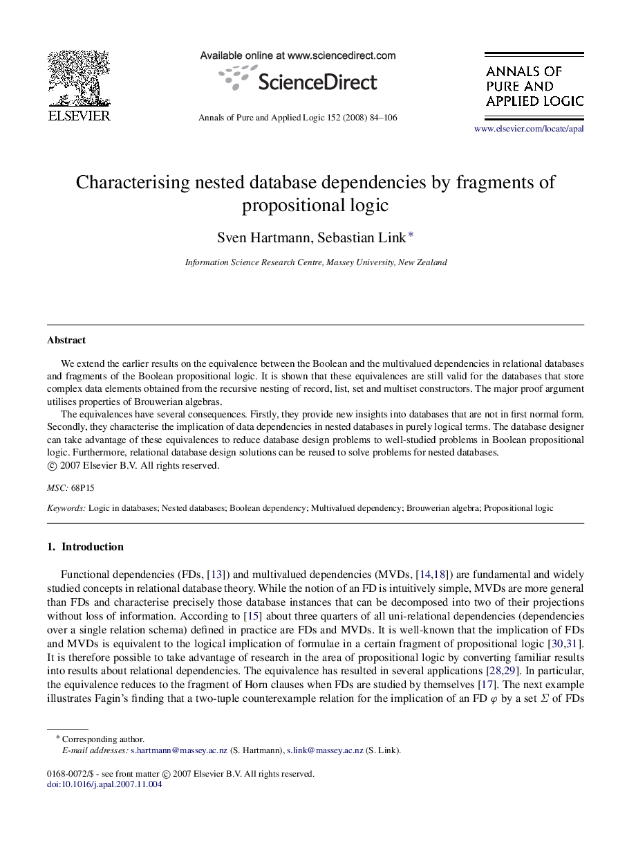 Characterising nested database dependencies by fragments of propositional logic