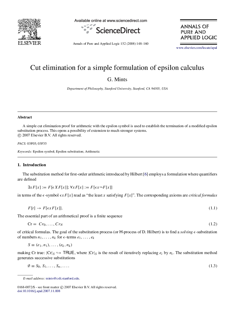 عکس صفحه اول مقاله: Cut elimination for a simple formulation of epsilon calculus Cut elimination for a simple formulation of epsilon calculus