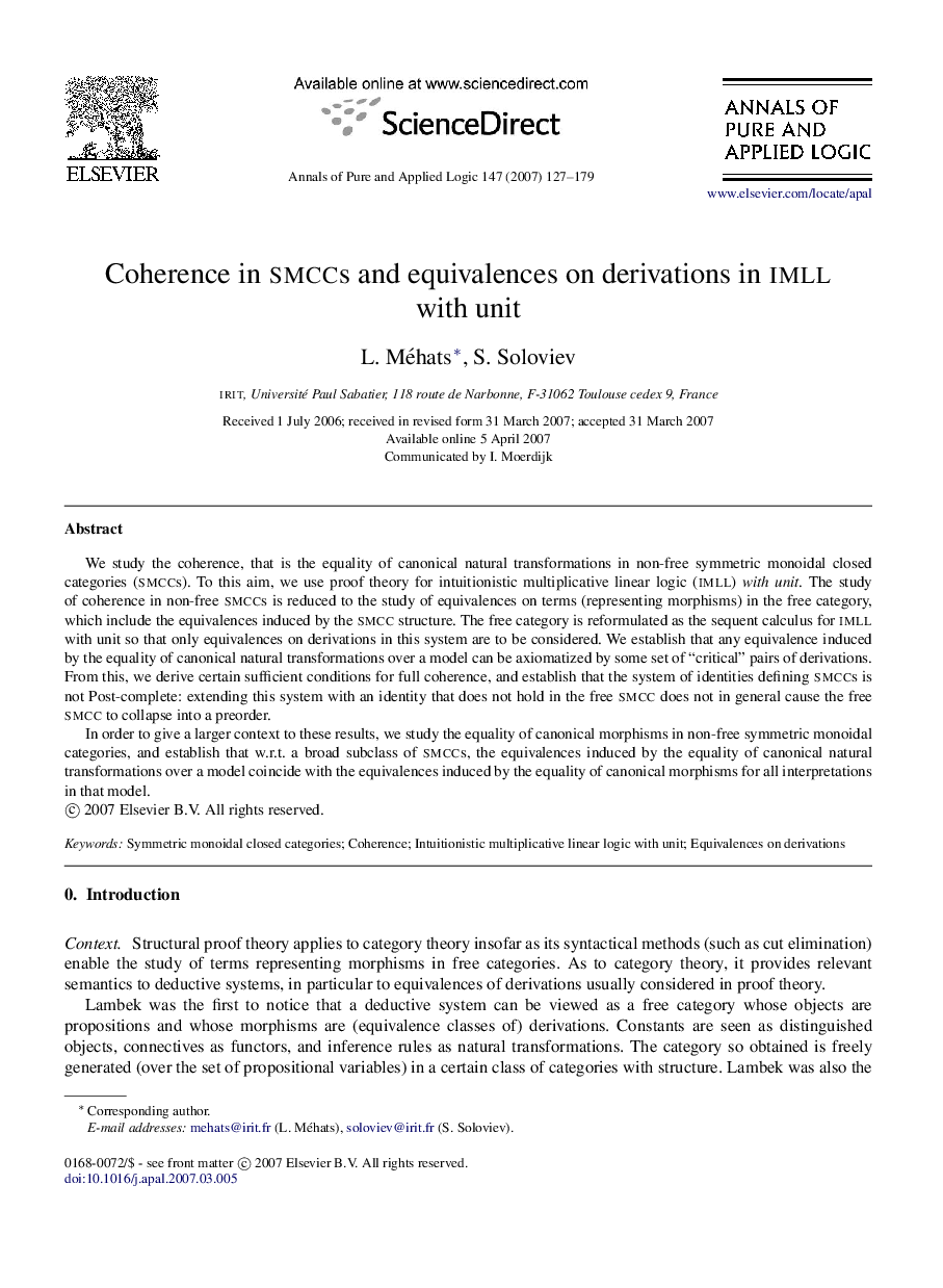 Coherence in smccs and equivalences on derivations in imll with unit