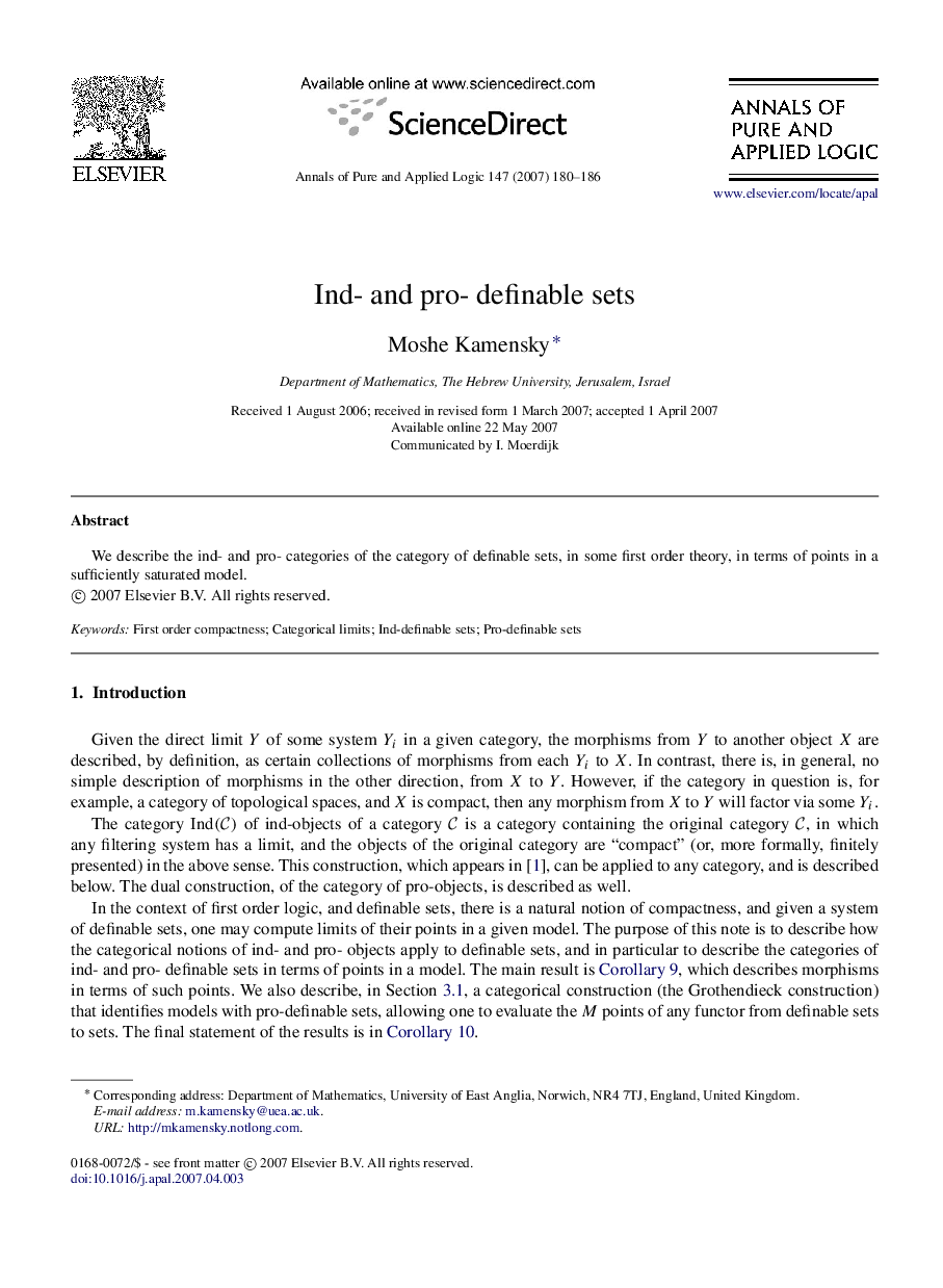 عکس صفحه اول مقاله: Ind- and pro- definable sets Ind- and pro- definable sets