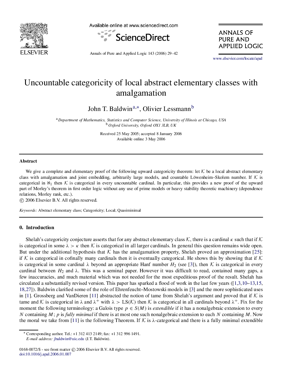عکس صفحه اول مقاله: Uncountable categoricity of local abstract elementary classes with amalgamation Uncountable categoricity of local abstract elementary classes with amalgamation