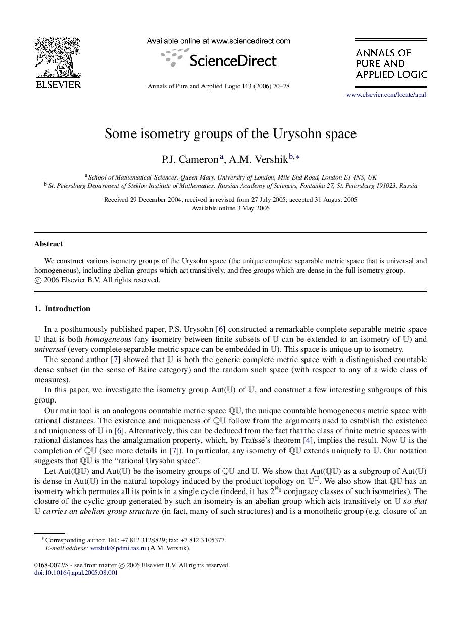 عکس صفحه اول مقاله: Some isometry groups of the Urysohn space Some isometry groups of the Urysohn space