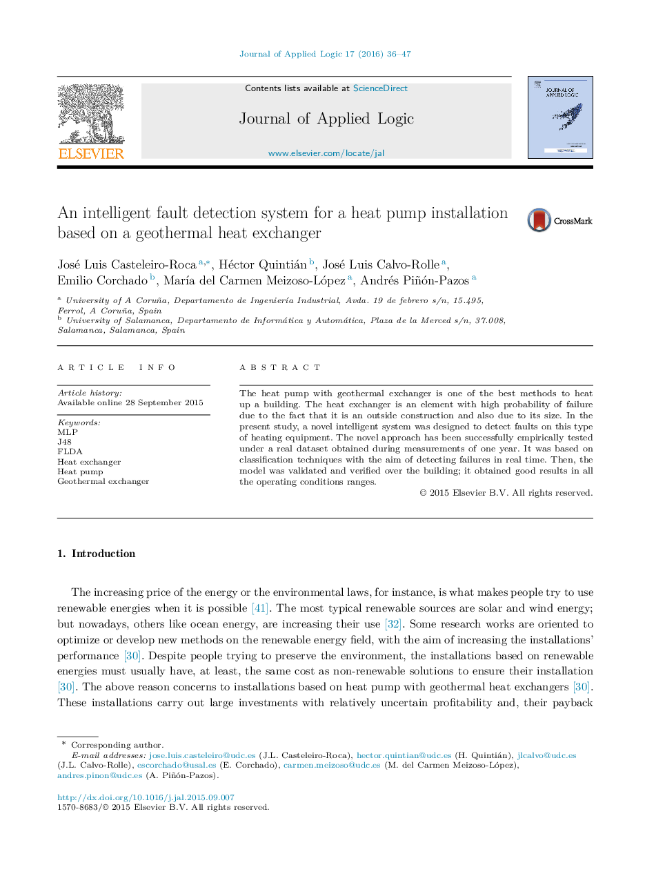 An intelligent fault detection system for a heat pump installation based on a geothermal heat exchanger