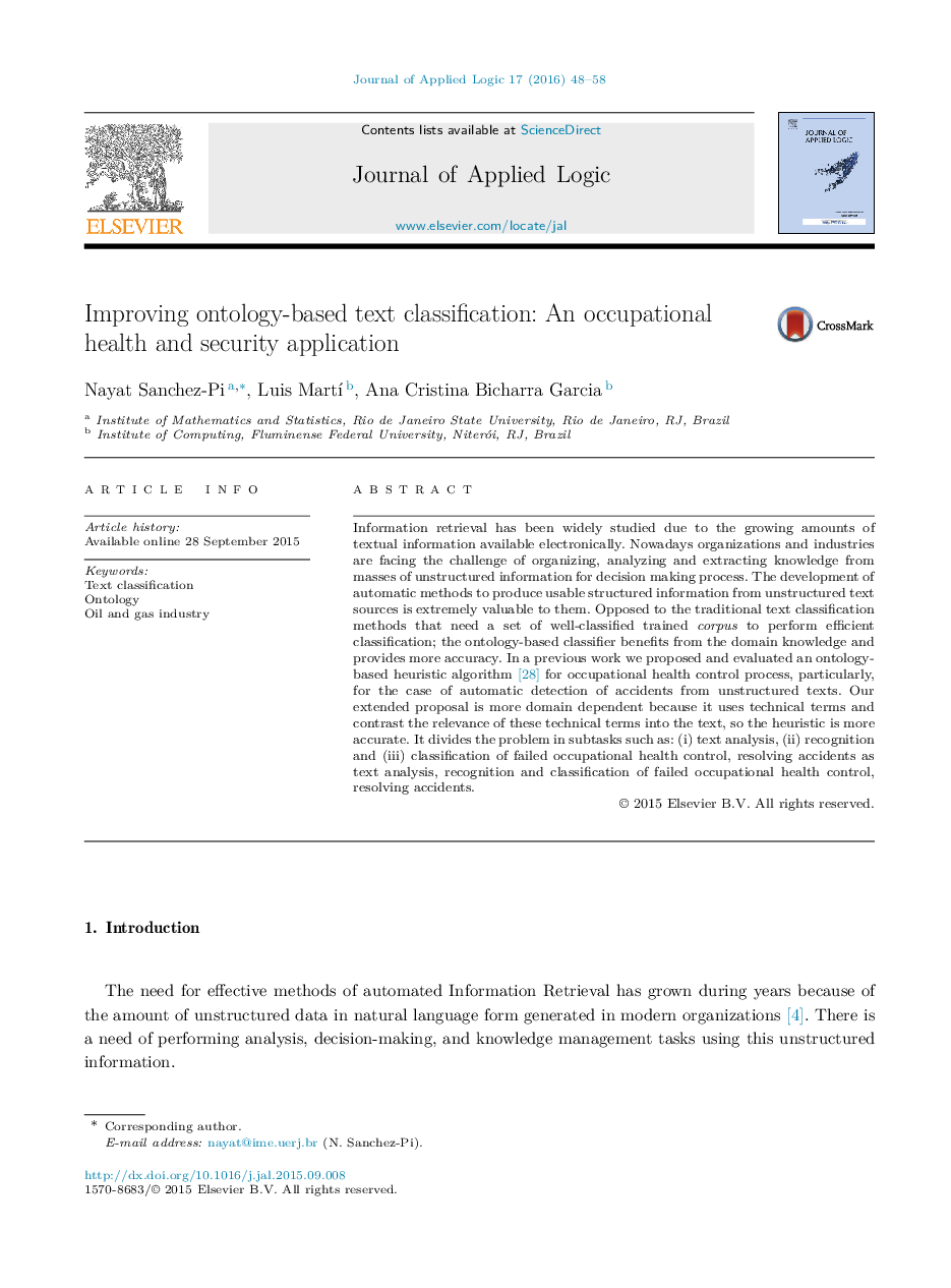 Improving ontology-based text classification: An occupational health and security application