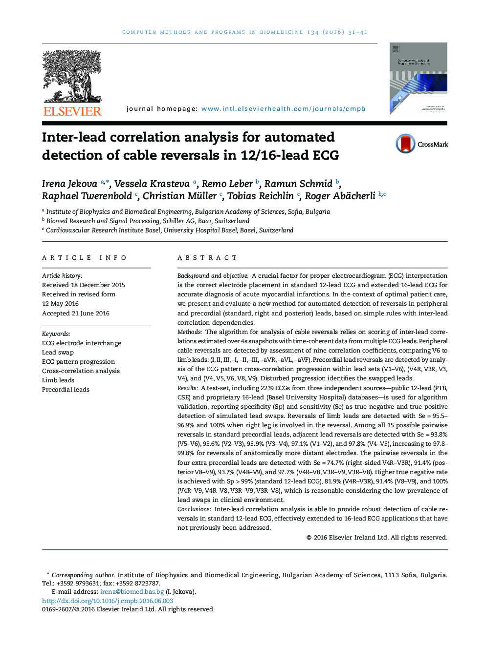 تجزیه و تحلیل همبستگی بین هدایتی برای تشخیص خودکار وارونگی های کابل در ECG با هدایت 12/16 