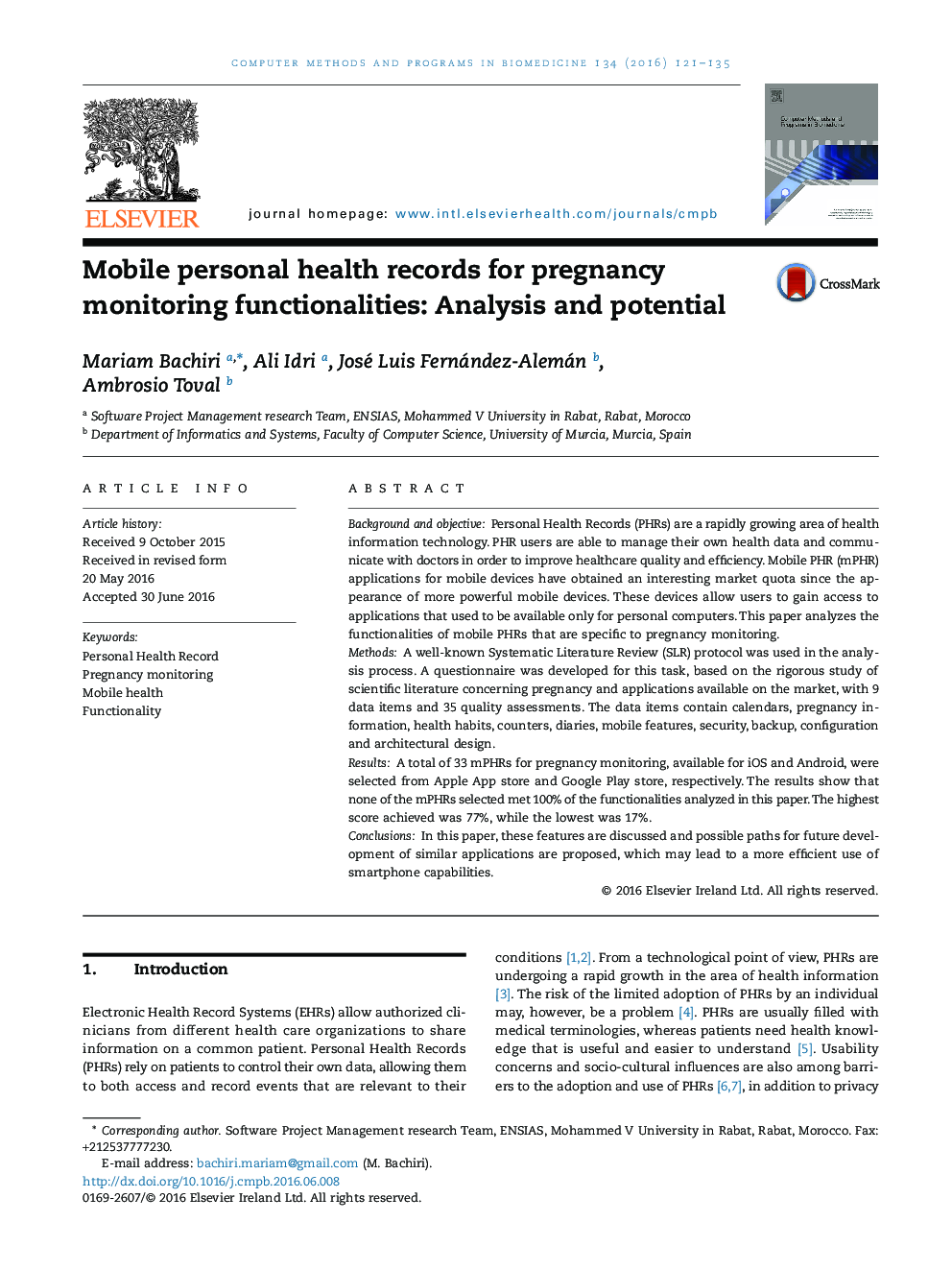 Mobile personal health records for pregnancy monitoring functionalities: Analysis and potential