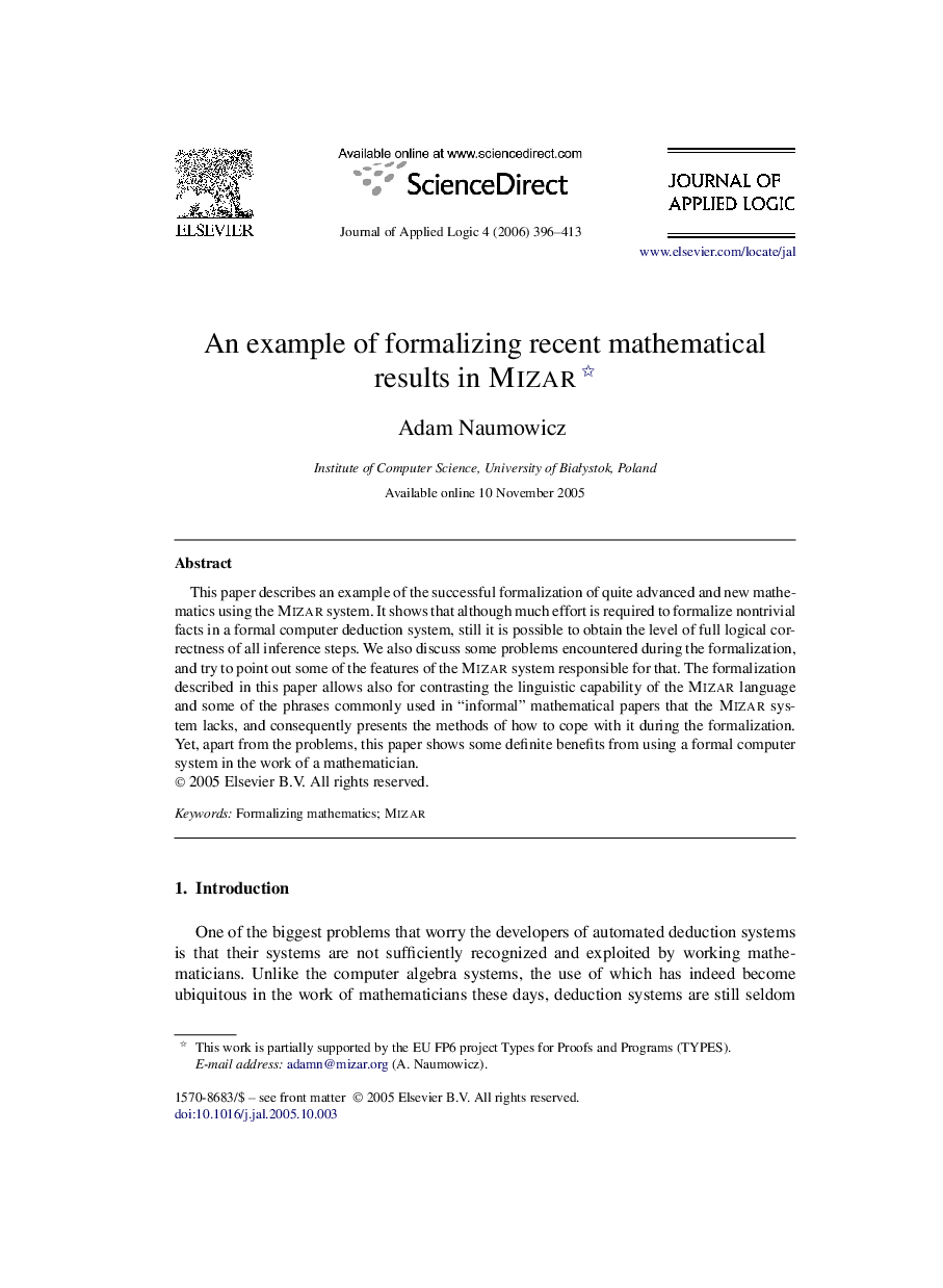 An example of formalizing recent mathematical results in Mizar 