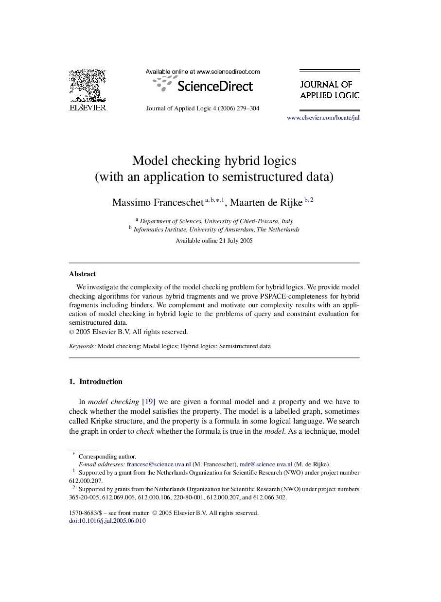 Model checking hybrid logics (with an application to semistructured data)