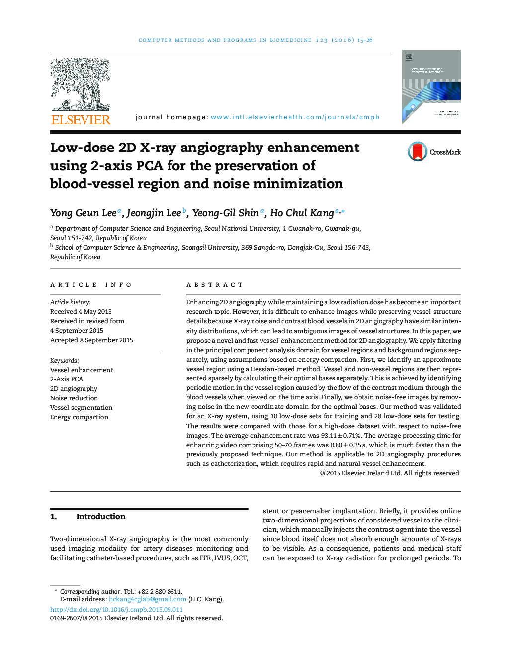 Low-dose 2D X-ray angiography enhancement using 2-axis PCA for the preservation of blood-vessel region and noise minimization