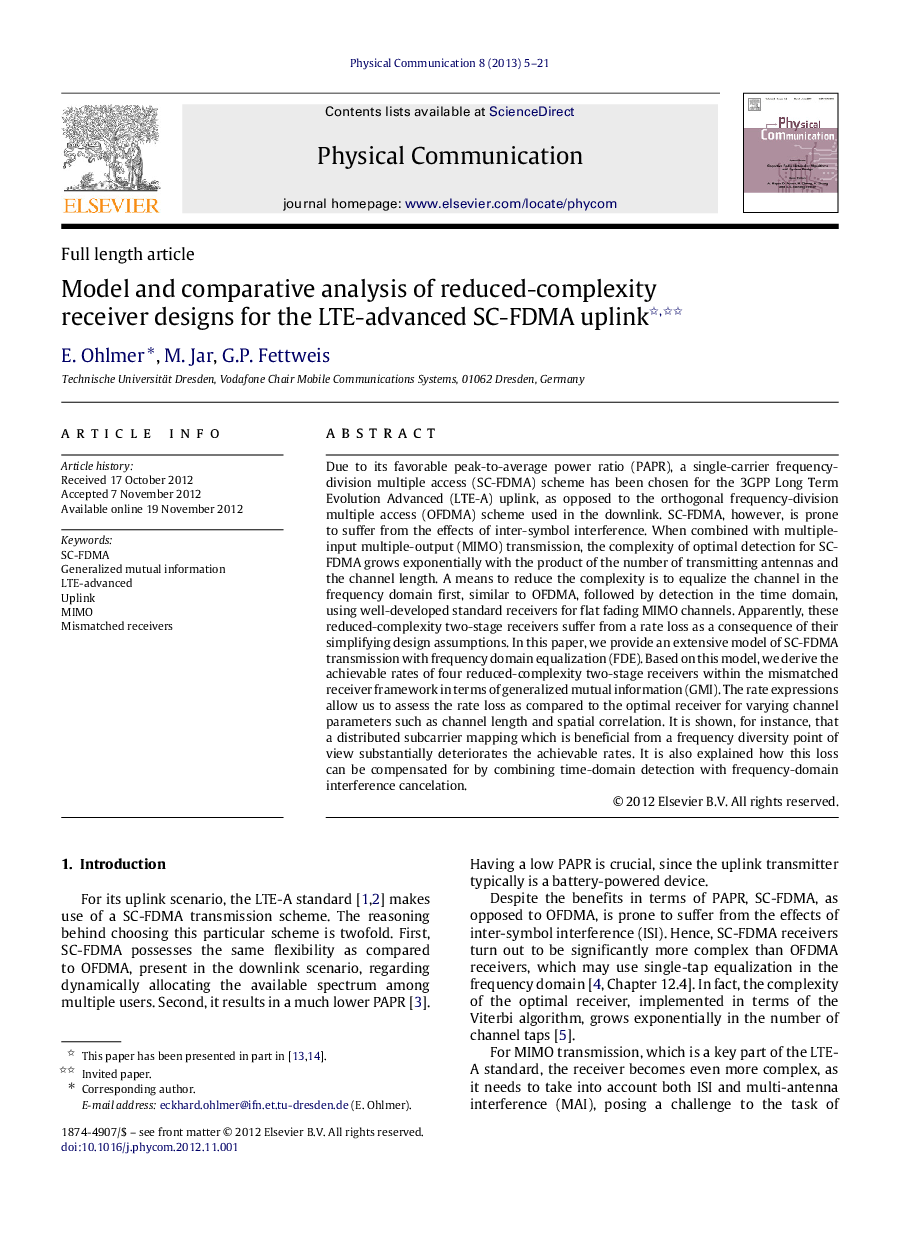 Model and comparative analysis of reduced-complexity receiver designs for the LTE-advanced SC-FDMA uplink 