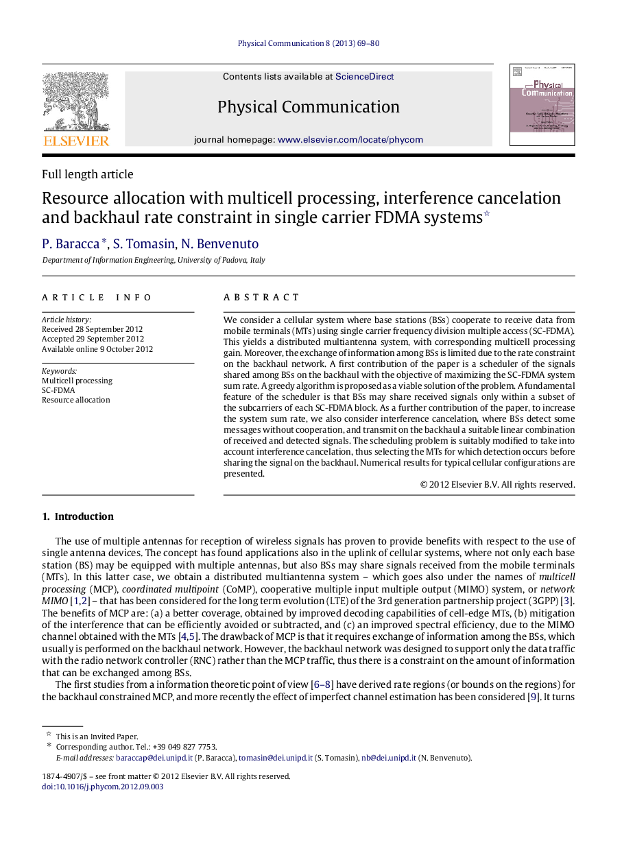 Resource allocation with multicell processing, interference cancelation and backhaul rate constraint in single carrier FDMA systems 