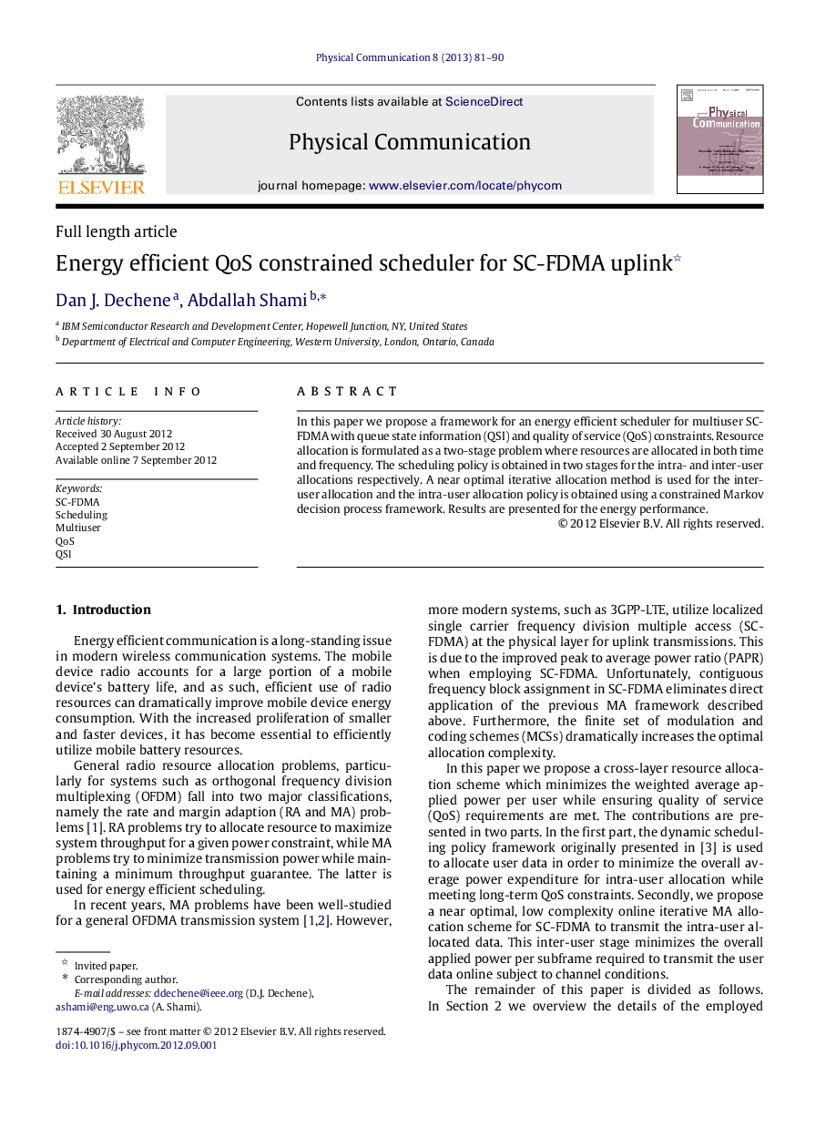 Energy efficient QoS constrained scheduler for SC-FDMA uplink 