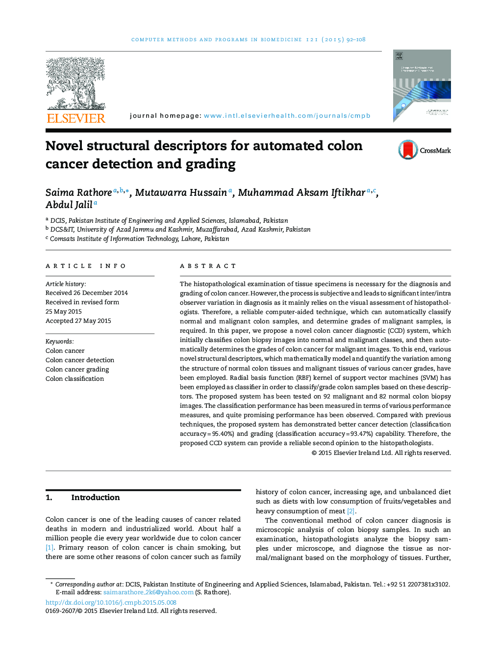 Novel structural descriptors for automated colon cancer detection and grading