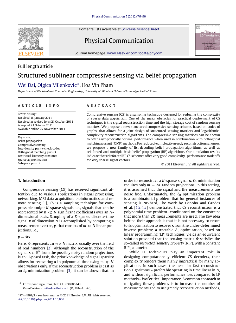 Structured sublinear compressive sensing via belief propagation