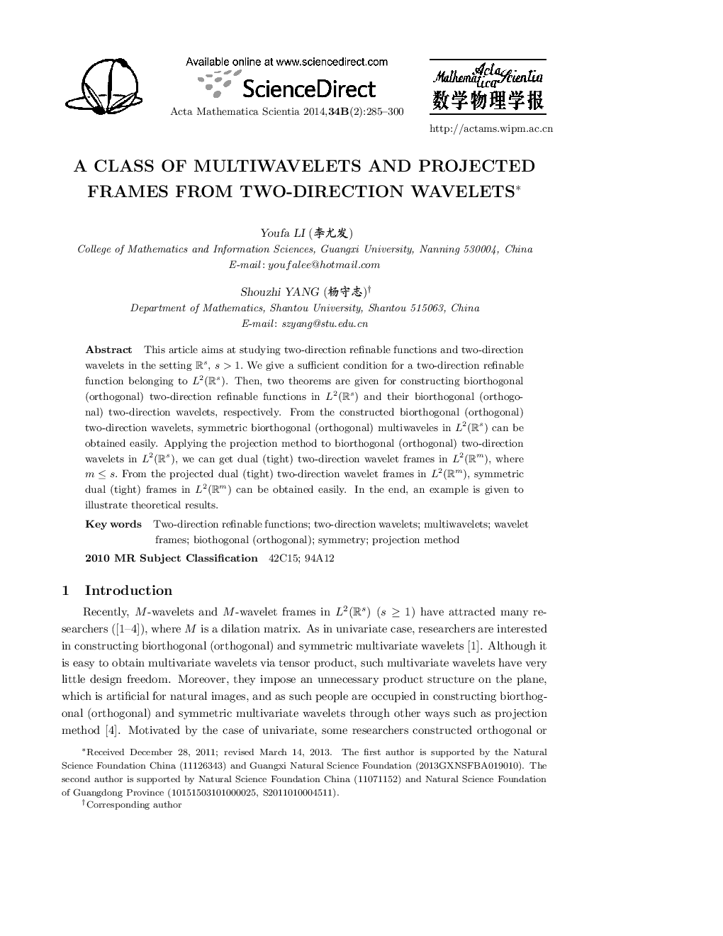 A class of multiwavelets and projected frames from two-direction wavelets 