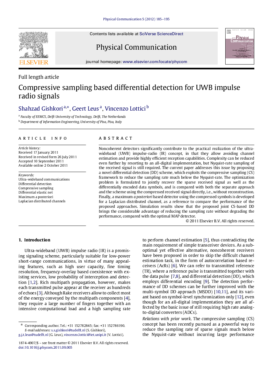 Compressive sampling based differential detection for UWB impulse radio signals