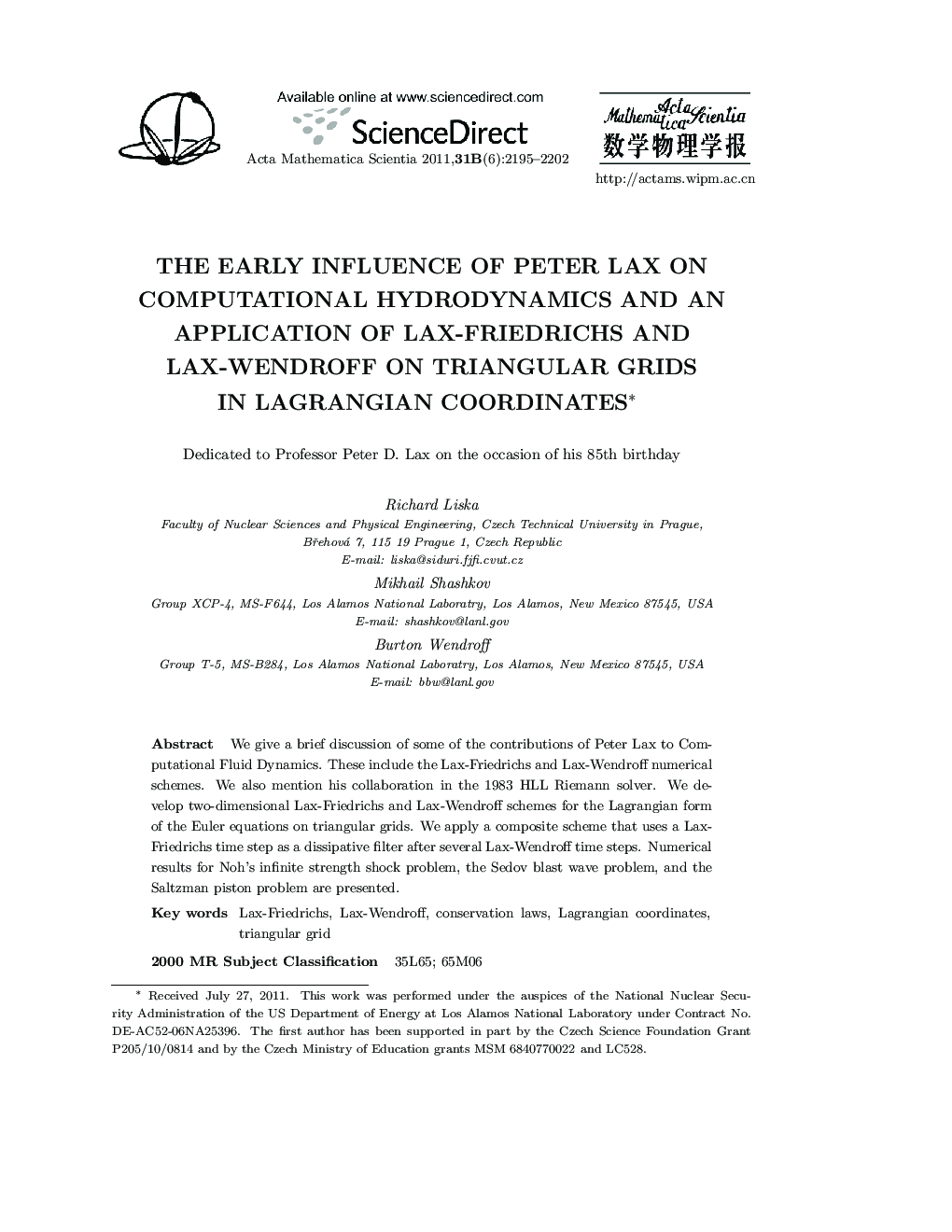 The early influence of peter lax on computational hydrodynamics and an application of lax-friedrichs and lax-wendroff on triangular grids in lagrangian coordinates 