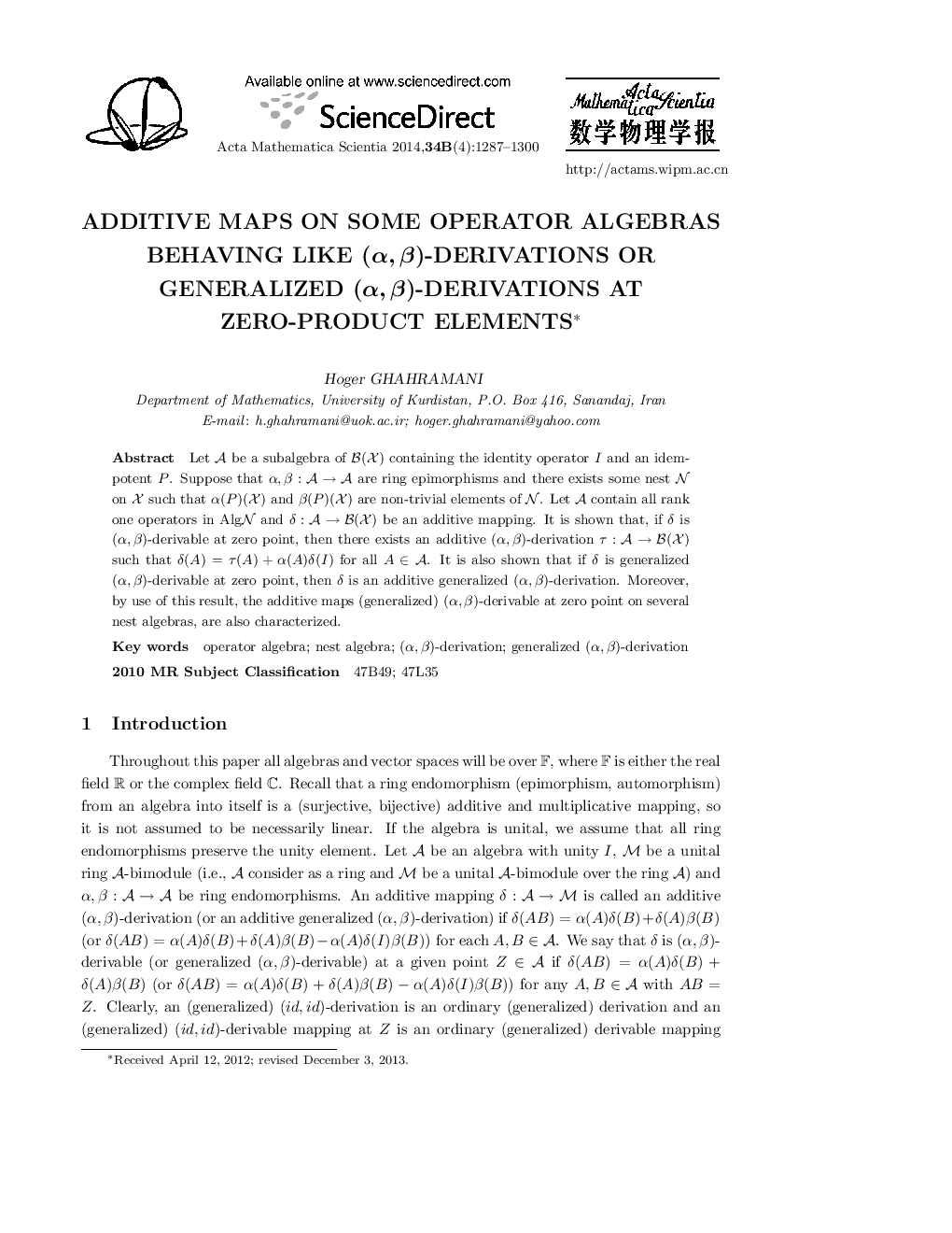 Additive maps on some operator algebras behaving like (α,β)-derivations or generalized (α,β)-derivations at zero-product elements