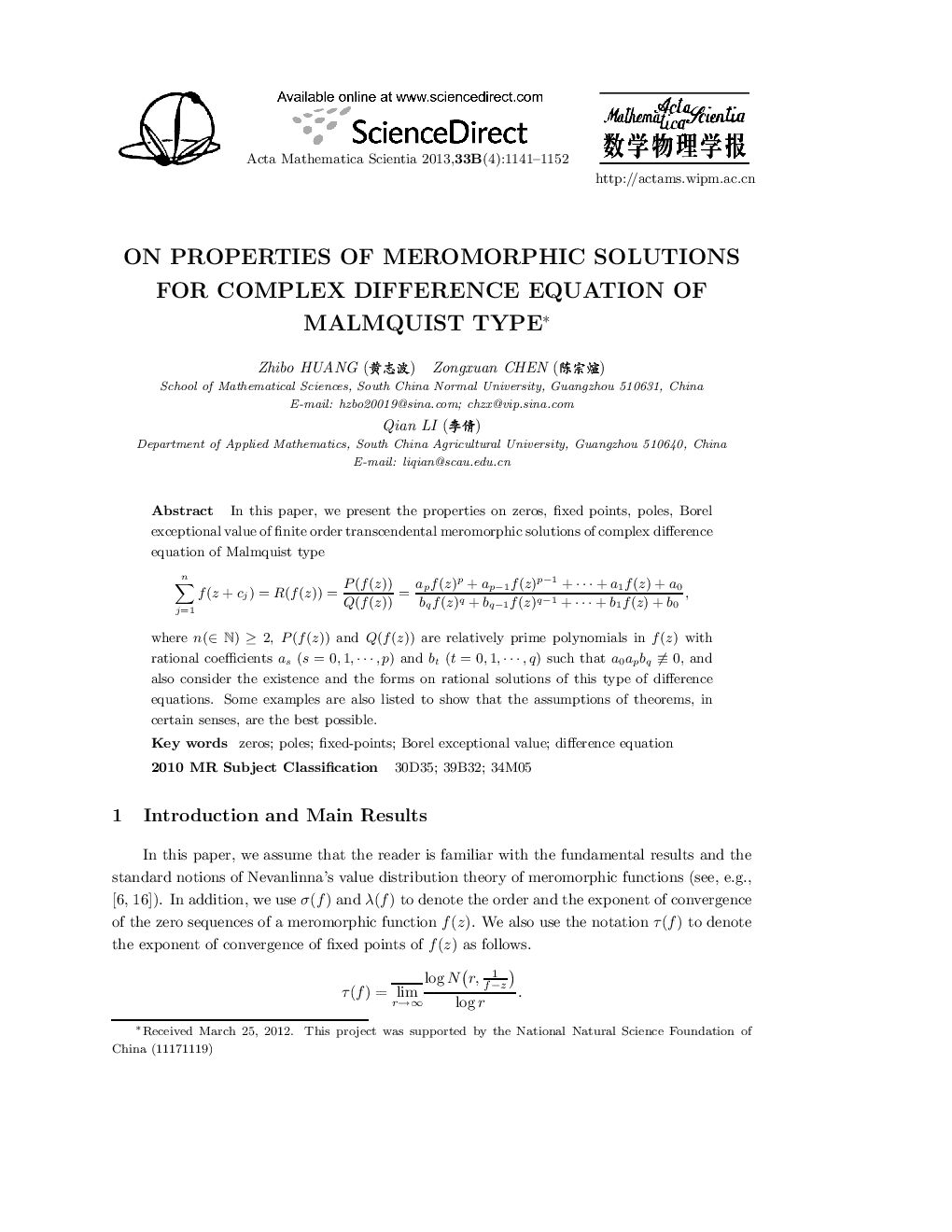 On properties of meromorphic solutions for Complex Difference Equation of Malmquist type 