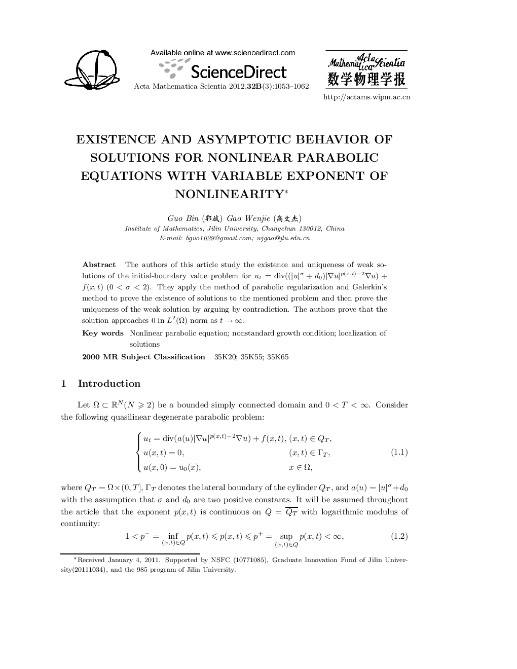 Existence and asymptotic behavior of solutions for nonlinear parabolic equations with variable exponent of nonlinearity