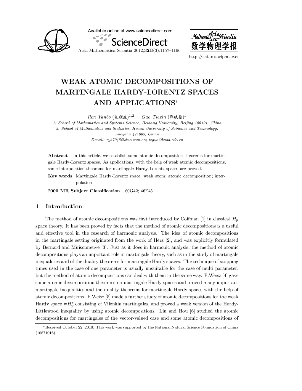 Weak atomic decompositions of martingale hardy-lorentz spaces and applications 