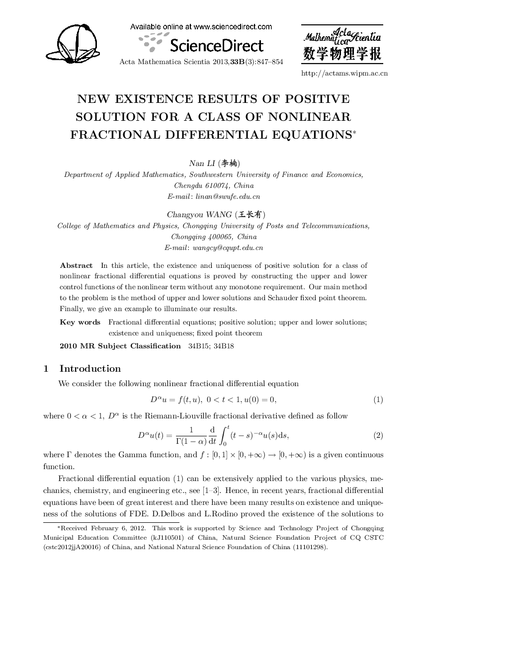 New existence results of positive solution for a class of nonlinear fractional differential equations 