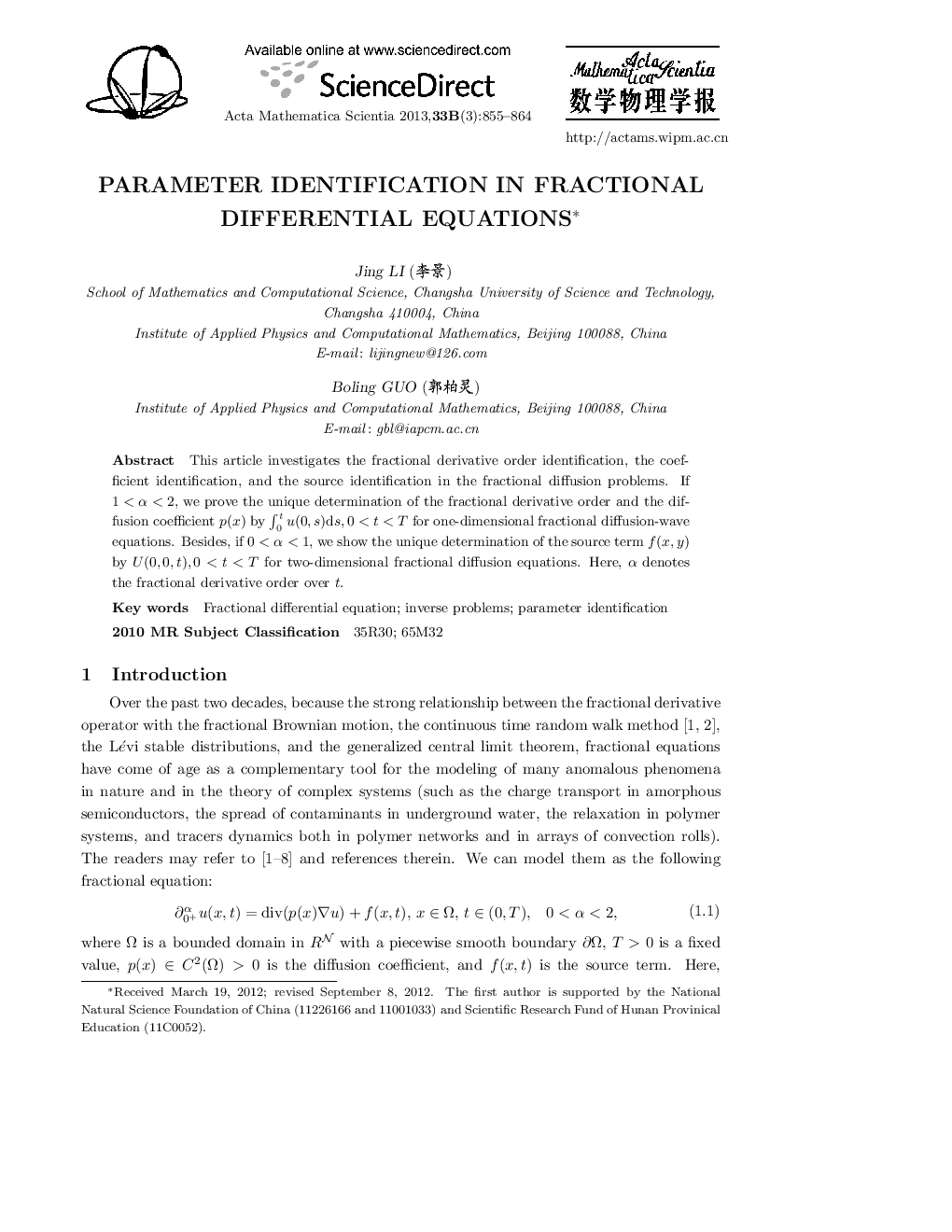 Parameter identification in fractional differential equations 