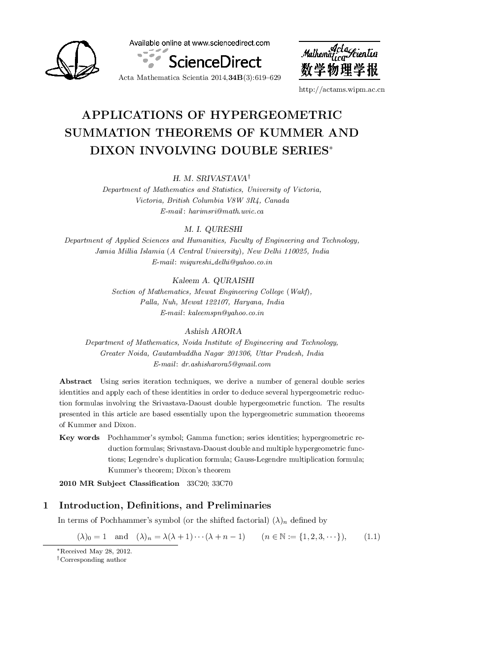 Applications of hypergeometric summation theorems of kummer and dixon involving double series