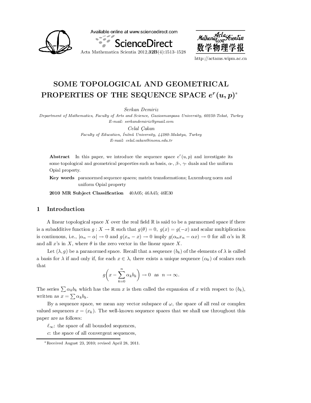 Some topological and geometrical properties of the sequence space er (u,p)