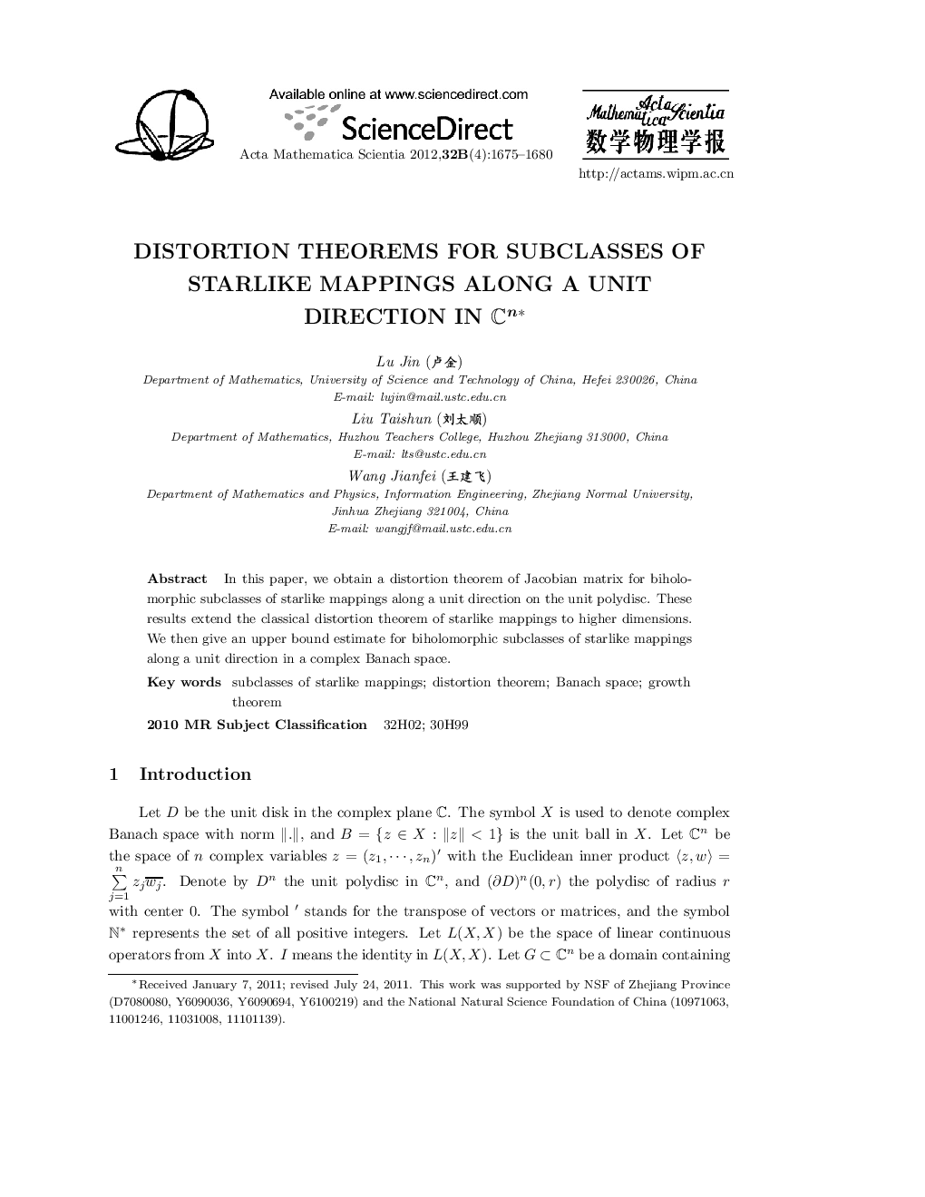 عکس صفحه اول مقاله: Distortion theorems for subclasses of starlike mappings along a unit direction in ℂn Distortion theorems for subclasses of starlike mappings along a unit direction in ℂn