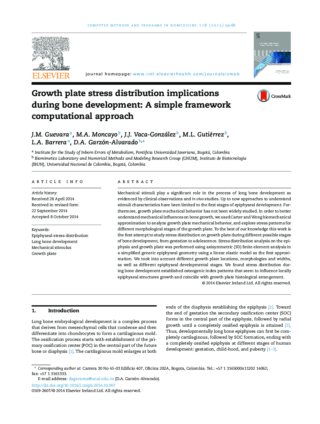 Growth plate stress distribution implications during bone development: A simple framework computational approach