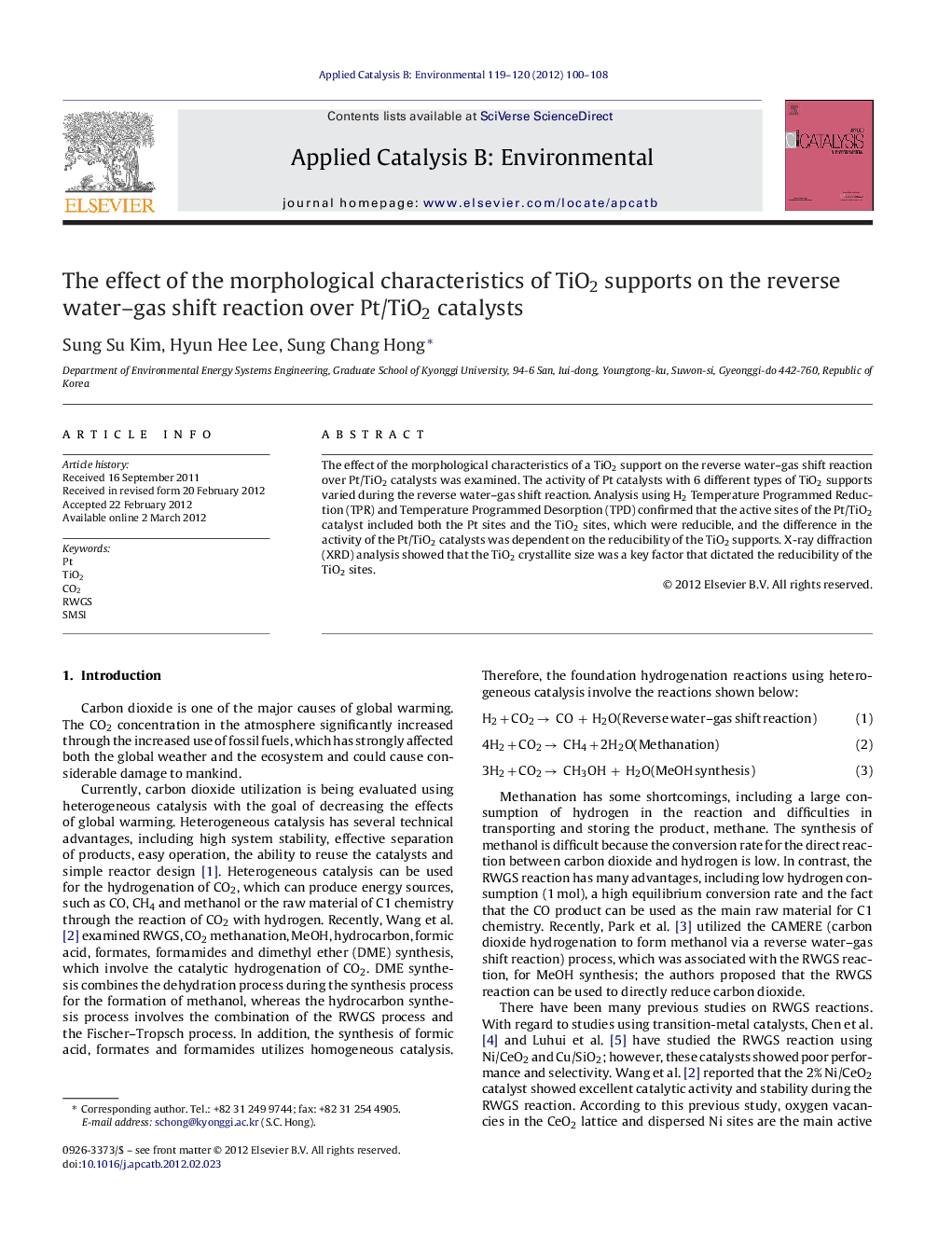 The effect of the morphological characteristics of TiO2 supports on the reverse water–gas shift reaction over Pt/TiO2 catalysts