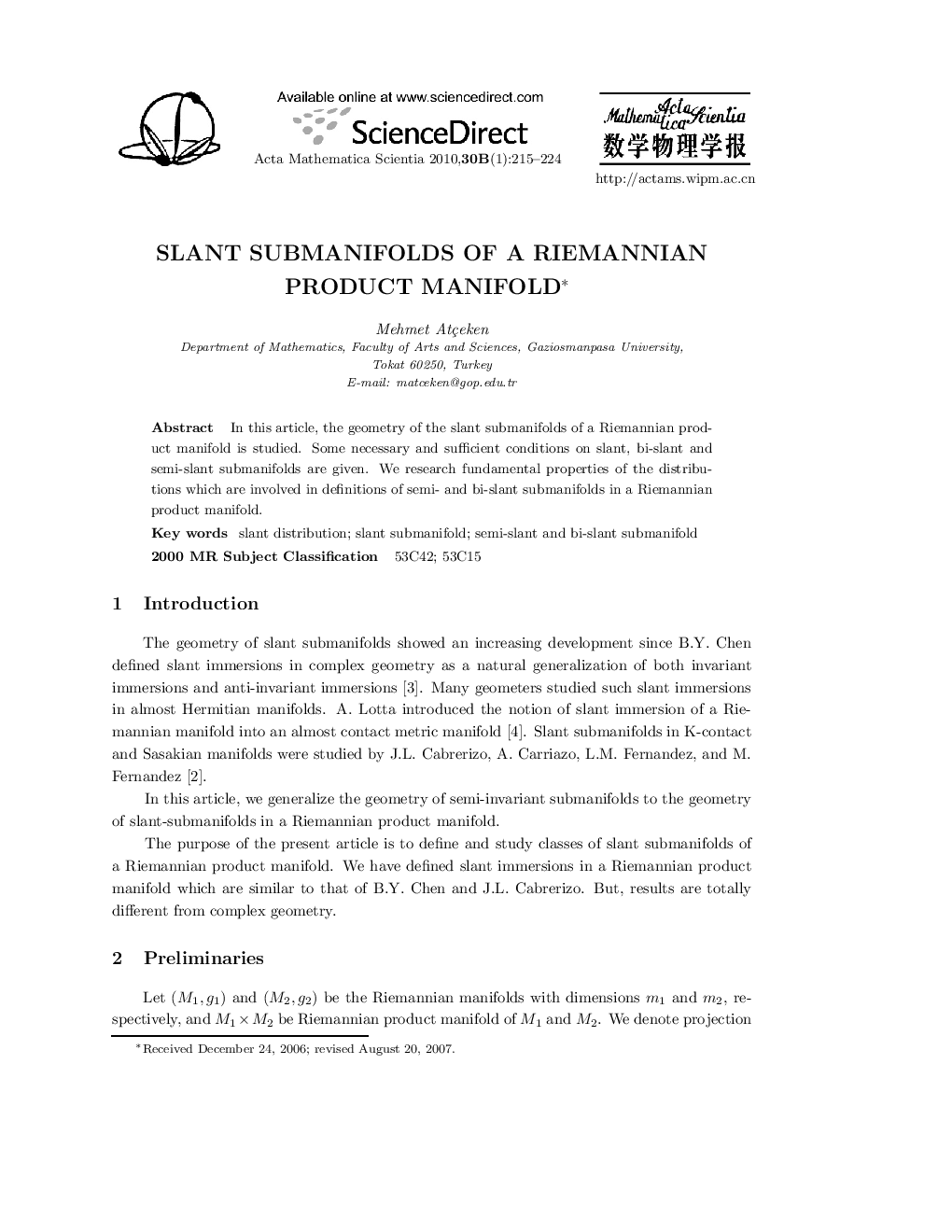Slant submanifolds of a Riemannian product manifold