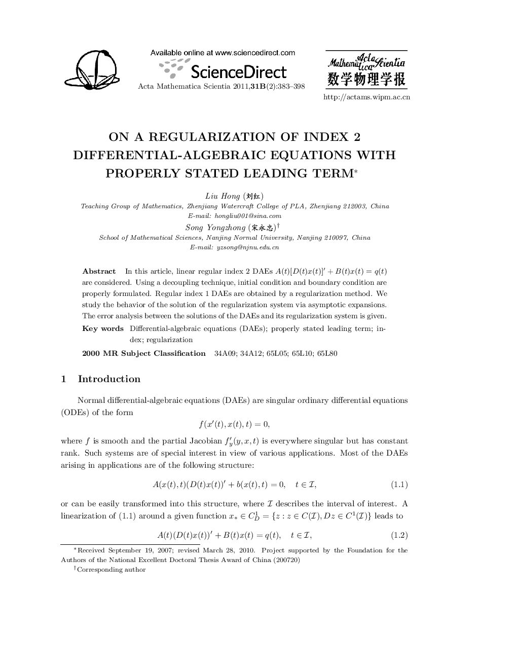 On a regularization of index 2 differential-algebraic equations with properly stated leading term 