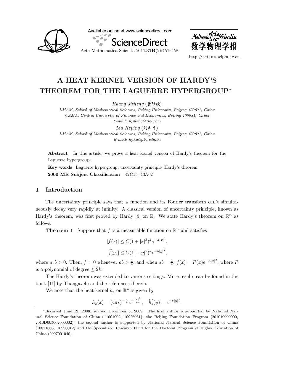 عکس صفحه اول مقاله: A heat kernel version of Hardy's Theorem for the Laguerre hypergroup A heat kernel version of Hardy's Theorem for the Laguerre hypergroup