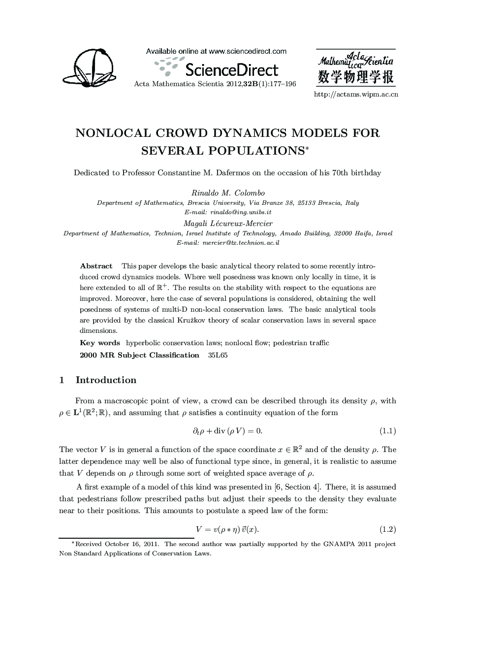 Nonlocal Crowd Dynamics Models for Several Populations 